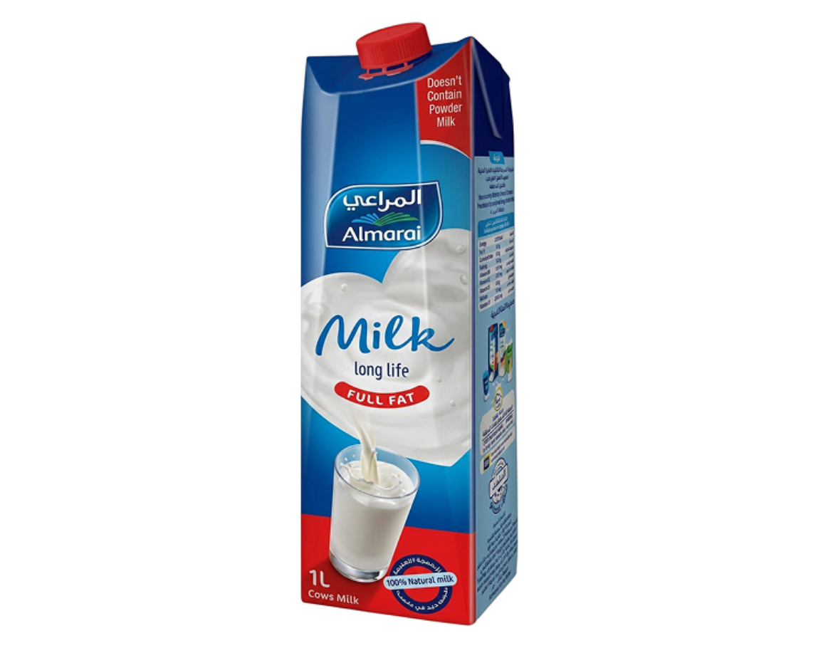 صورة لبن كامل الدسم من المراعي بحجم 1 لتر، بطعم غني وقيمة غذائية عالية مناسب للاستهلاك اليومي.